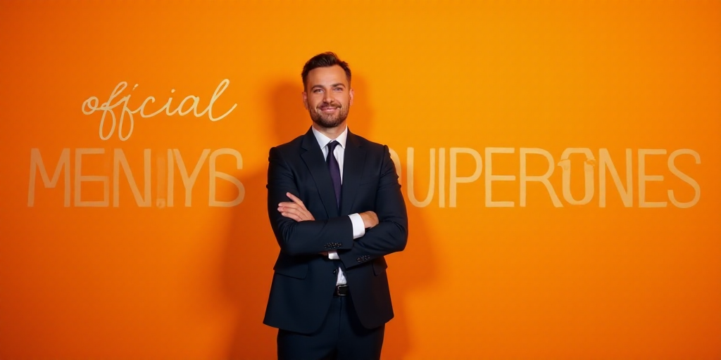 a man in a suit and tie standing with his arms crossed in front of an orange background with words o