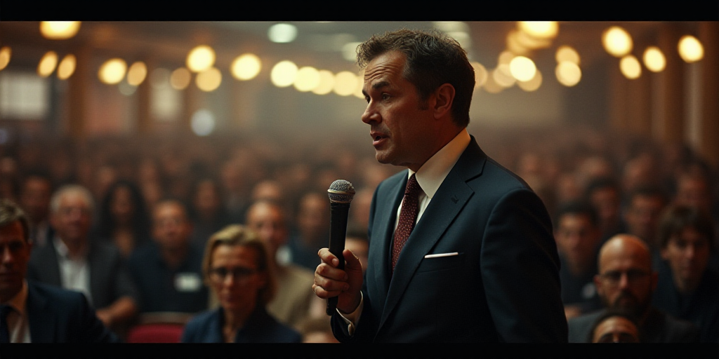 a man in a suit and tie standing in a crowd of people at a convention or convention center with a mi