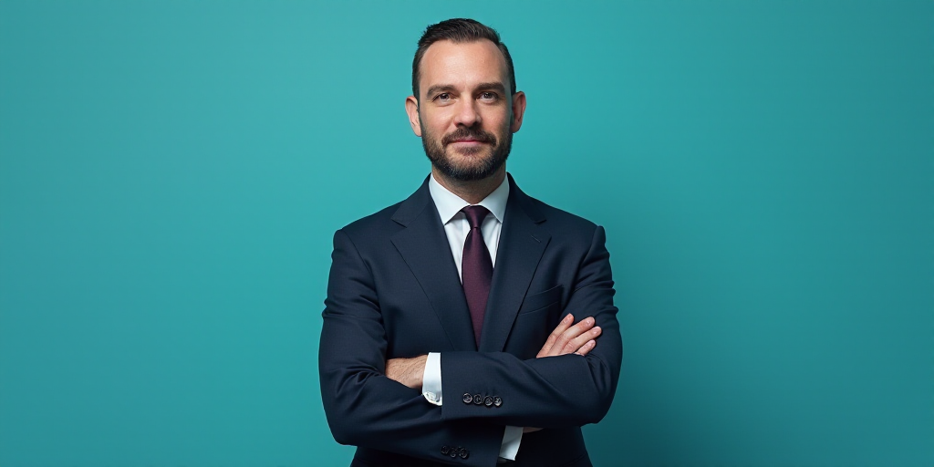a man in a suit and tie standing with his arms crossed in front of him with a blue background, Edwar