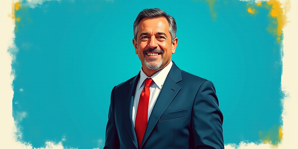 a man in a suit and tie standing in front of a blue background with a white and yellow border, Carlo