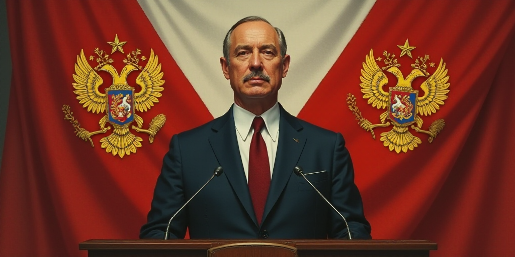 a man in a suit and tie standing at a podium with a flag behind him and a coat of arms behind him, B