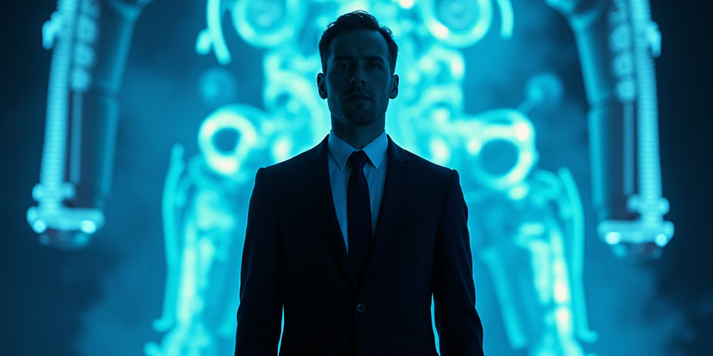 a man in a suit and tie standing in front of a blue background with a black and white photo, Edward