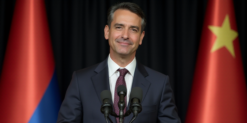 a man in a suit and tie standing at a podium with a microphone in front of two flags and a microphon