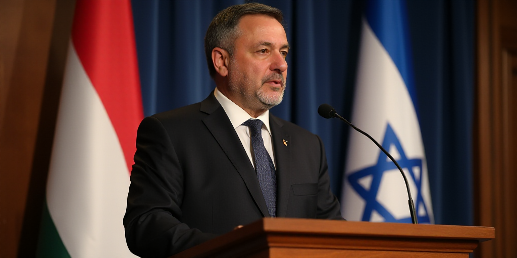 a man in a suit and tie standing at a podium with a microphone in front of two flags and a microphon