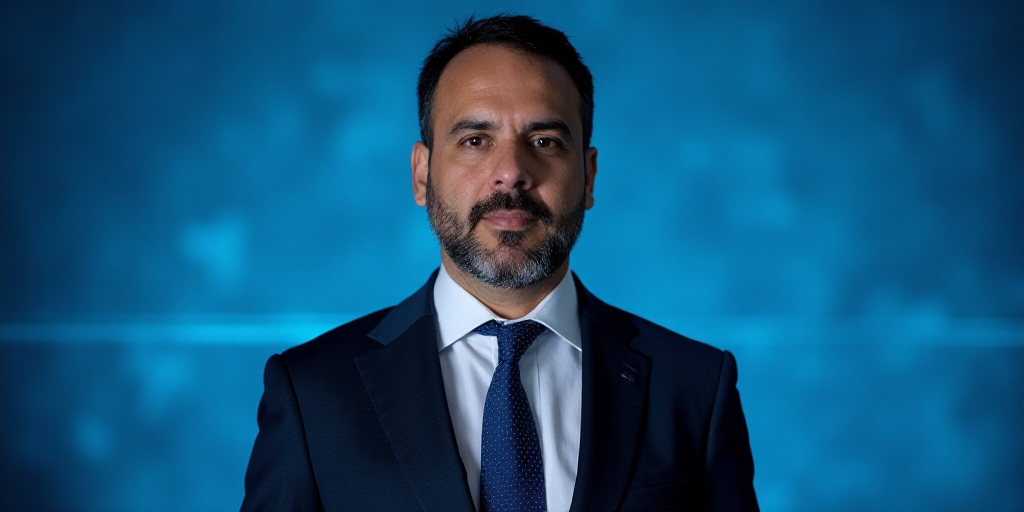 a man in a suit and tie standing in front of a blue background with a caption that reads miguel gonz