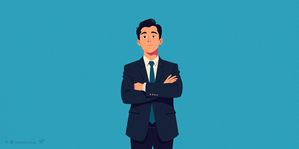 a man in a suit and tie standing with his arms crossed in front of him, with a blue background, Carl