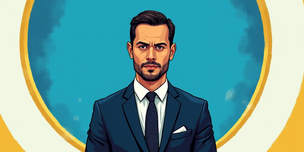 a man in a suit and tie standing in front of a blue background with a white and yellow border, Carlo