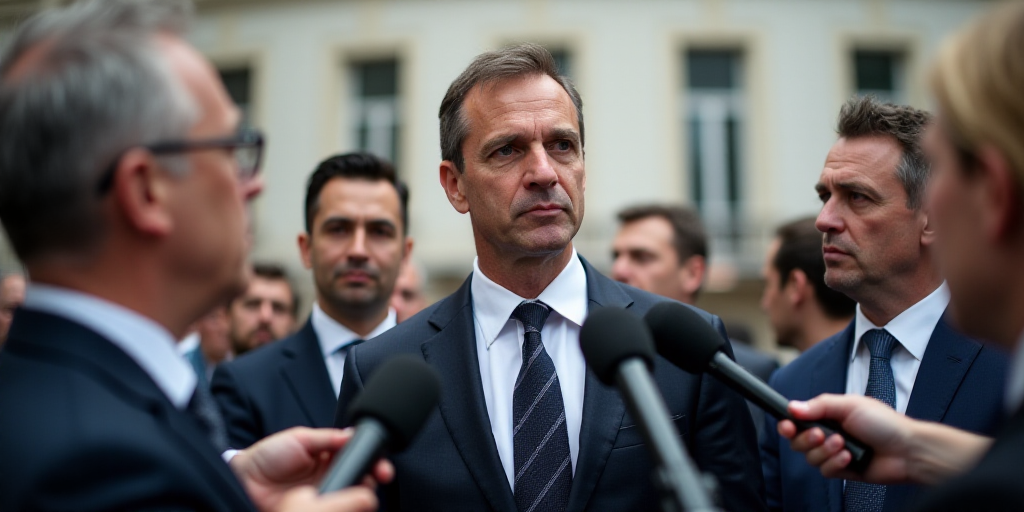 a man in a suit and tie surrounded by microphones and reporters in suits and ties outside a building