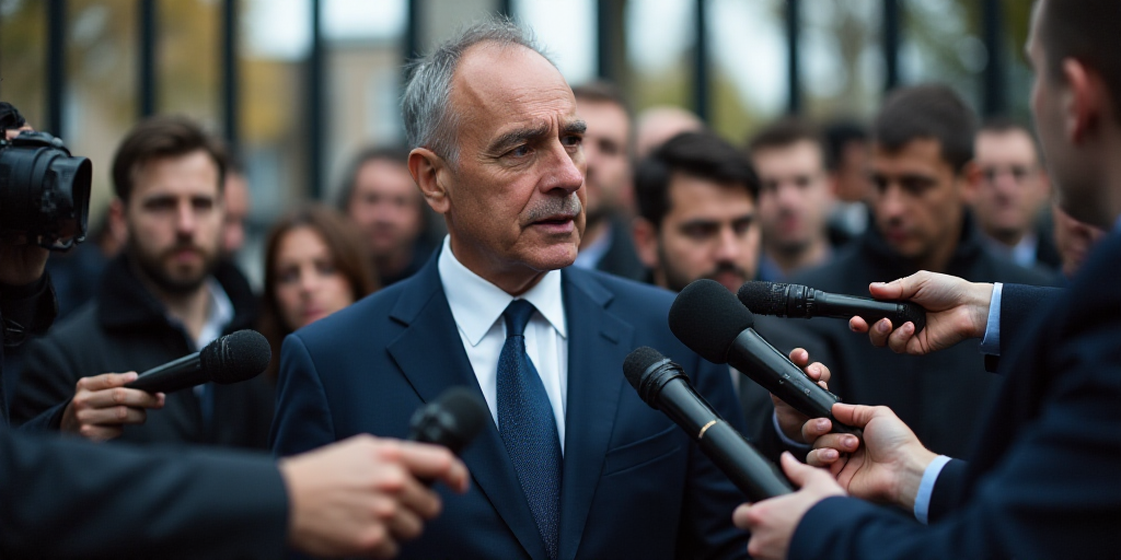 a man in a suit and tie surrounded by microphones and reporters in front of a gated area, Alain Tass