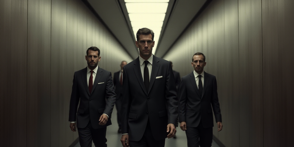 a man in a suit and tie walking in a hallway with other men in suits and ties behind him, André Fra