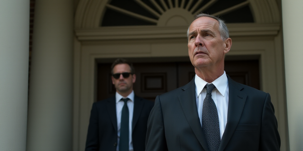 a man in a suit and tie walking outside of a building with another man in the background behind him,