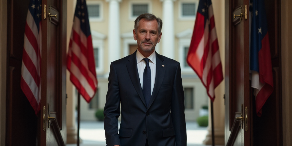 a man in a suit and tie walking out of a doorway with flags behind him and a building in the backgro
