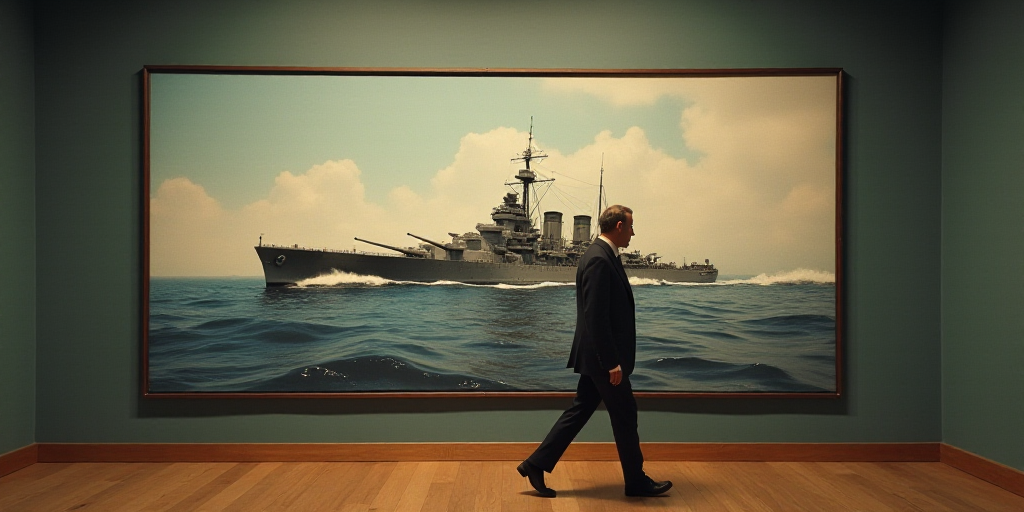 a man in a suit and tie walks past a poster of a battleship in the middle of a room, Emanuel Leutze,
