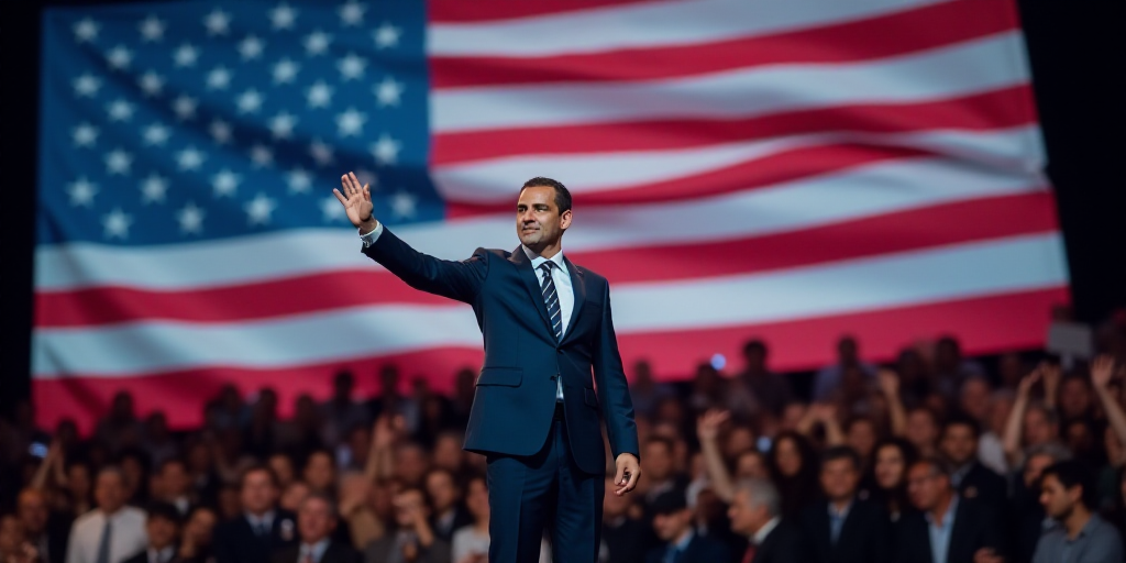 a man in a suit and tie waves to the crowd at a political event with an american flag in the backgro