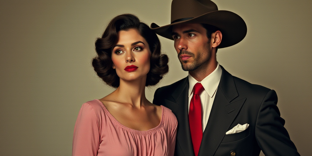 a man in a suit and tie wearing a cowboy hat and a red tie and a woman in a pink dress, Donald Rolle