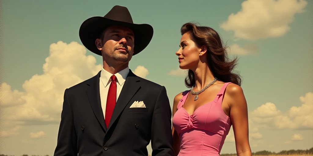 a man in a suit and tie wearing a cowboy hat and a red tie and a woman in a pink dress, Donald Rolle