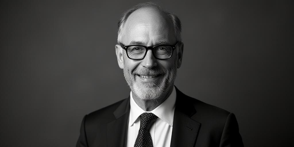 a man in a suit and tie wearing glasses and a tie with a smile on his face and a black and white bac