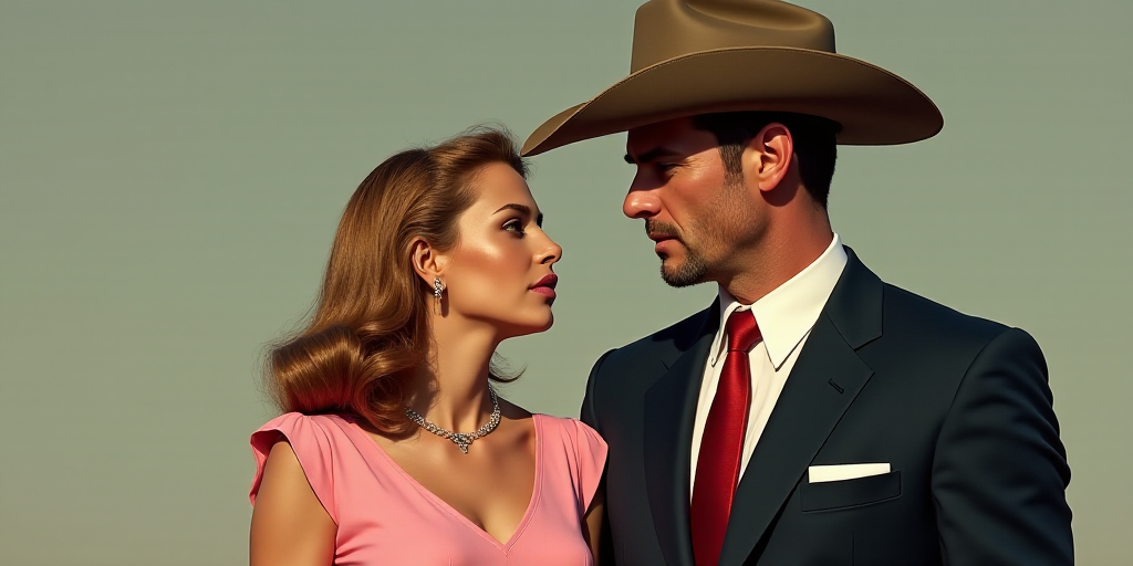 a man in a suit and tie wearing a cowboy hat and a red tie and a woman in a pink dress, Donald Rolle