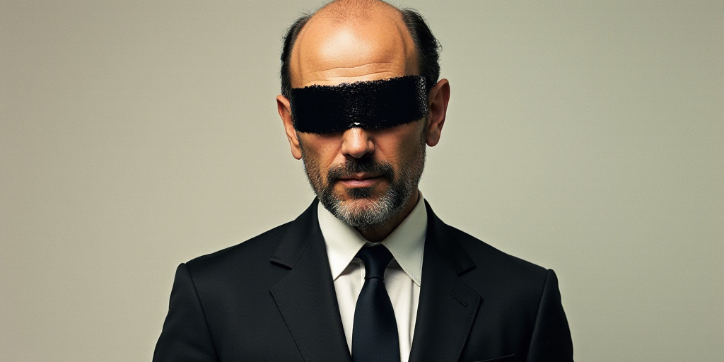 a man in a suit and tie with a black strip on his forehead and a black band across his eyes, Carlos