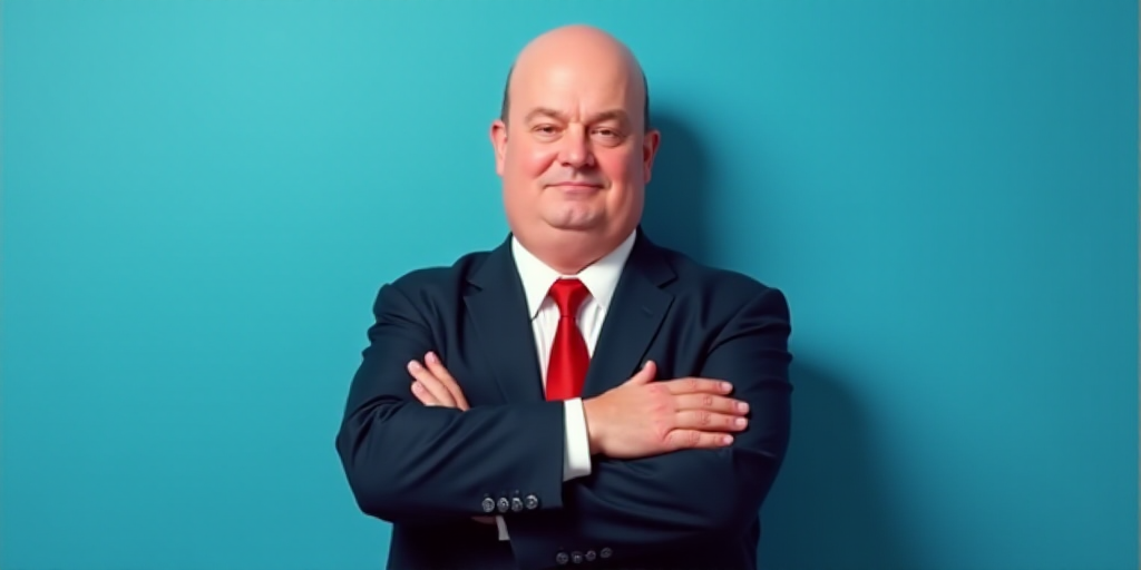 a man in a suit and tie with his arms crossed and his arms crossed, with a blue background, Fernando
