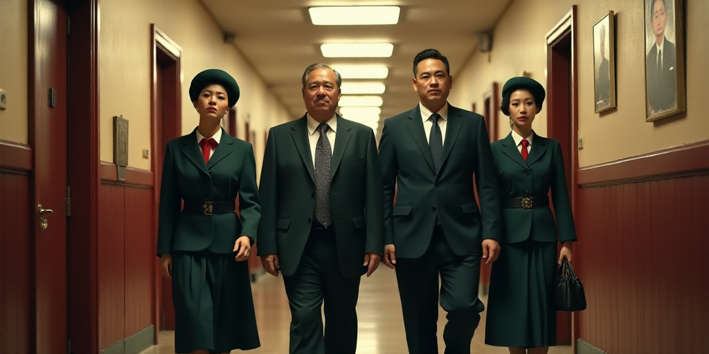 a man in a suit and two women in uniform walking down a hallway with a man in a suit and two other m