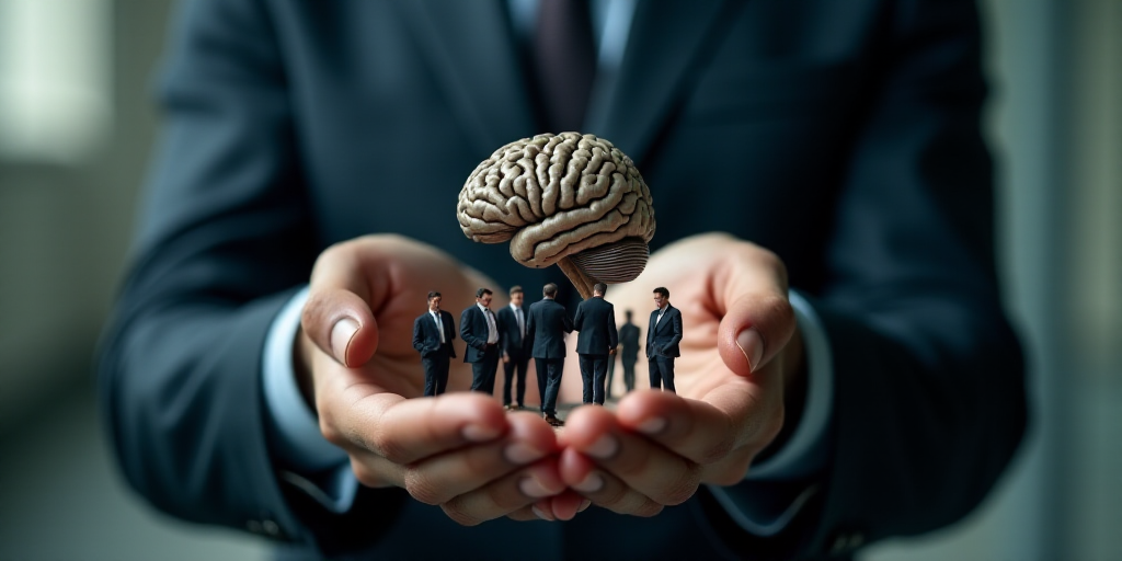 a man in a suit holding a small group of people in front of a brain model in his hands, Andries Stoc