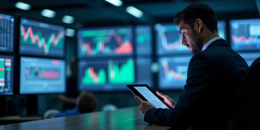 a man in a suit is looking at a tablet in a trading room with multiple screens on the wall, Andries