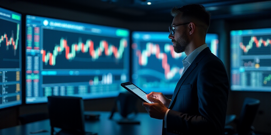 a man in a suit is looking at a tablet in a trading room with multiple screens on the wall, Andries