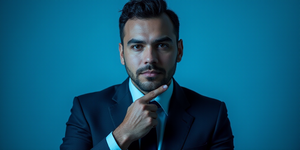 a man in a suit is posing for a picture with his chin resting on his hand, with a blue background, A