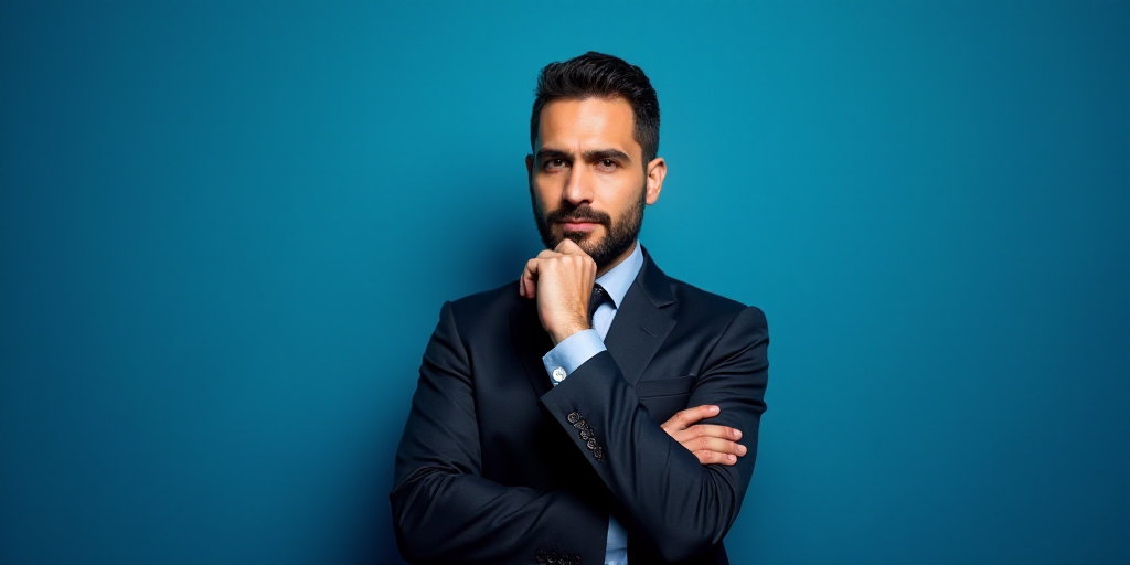 a man in a suit is posing for a picture with his chin resting on his hand, with a blue background, A