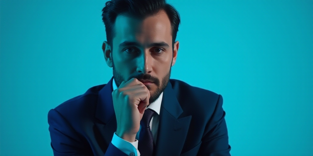 a man in a suit is posing for a picture with his chin resting on his hand, with a blue background, A