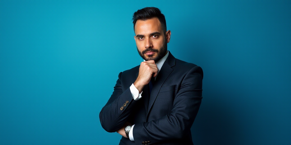 a man in a suit is posing for a picture with his chin resting on his hand, with a blue background, A