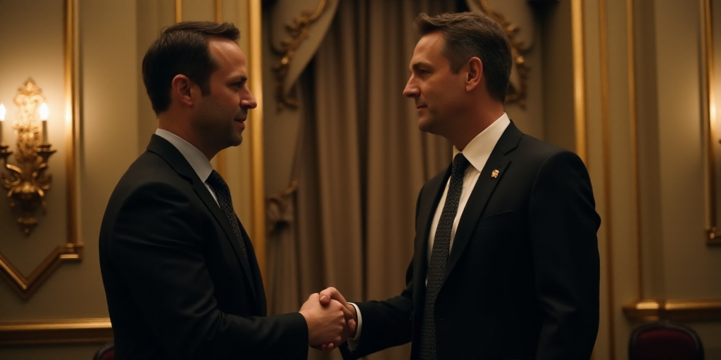 a man in a suit shaking hands with another man in a black shirt and tie in a room with gold trim, Fe