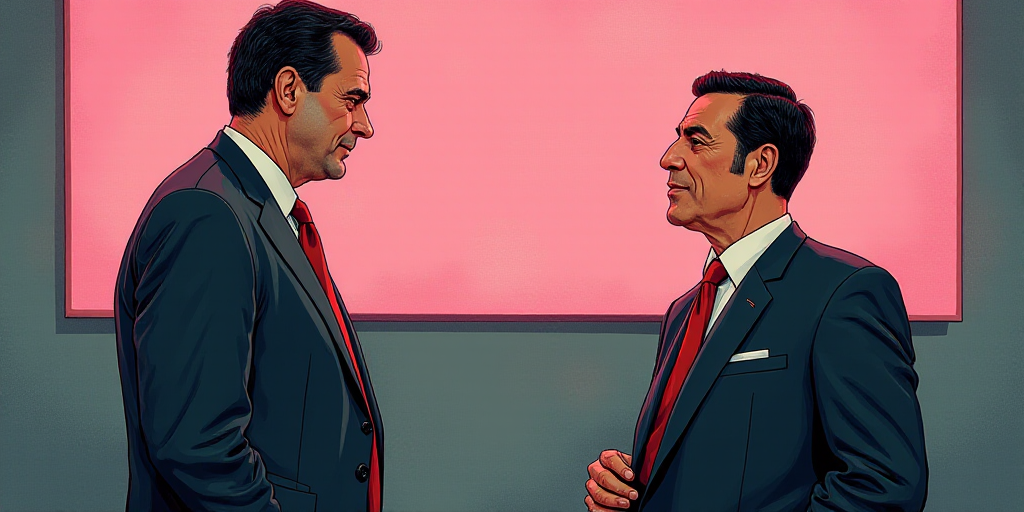 a man in a suit talking to another man in a suit at a convention with a pink sign behind him, Carlos