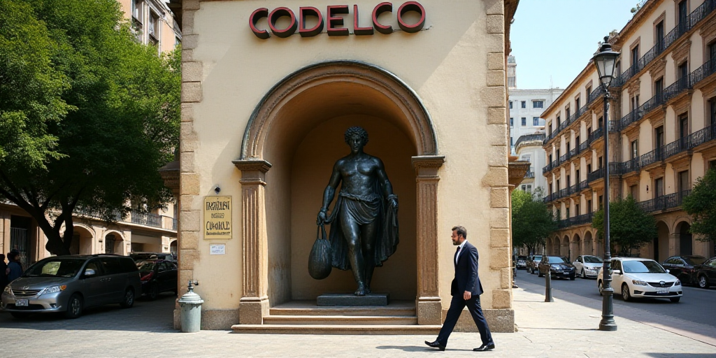 a man in a suit walks past a sign for codelcoo in a city center in mexico, on the outskirts of a bui