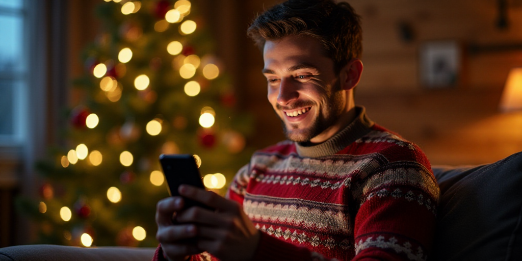 a man in a sweater is looking at his cell phone and smiling at the camera while sitting in front of