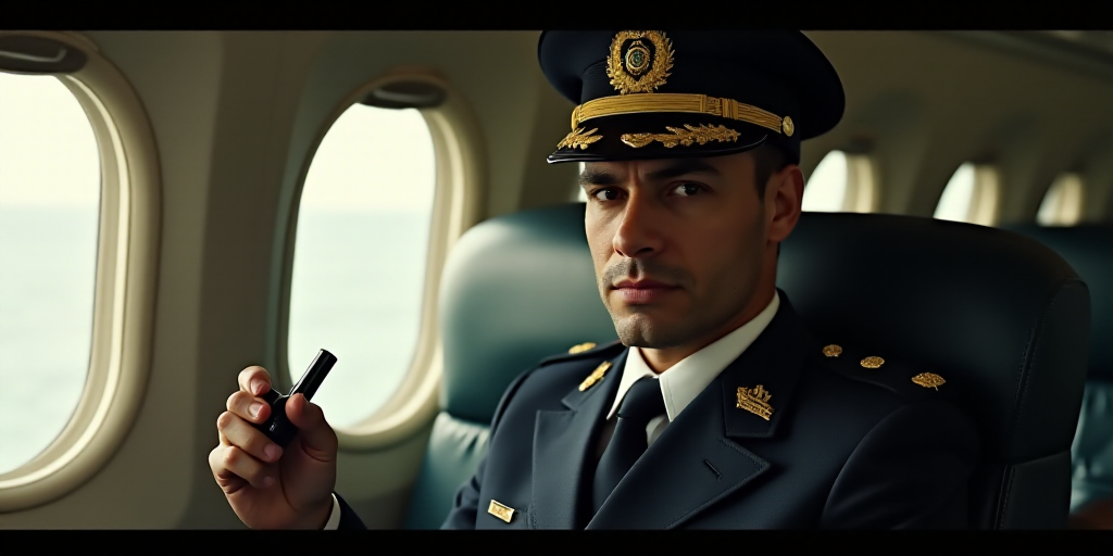 a man in a uniform is holding a pipe in his hand and looking at the camera while on a plane, Ceferí