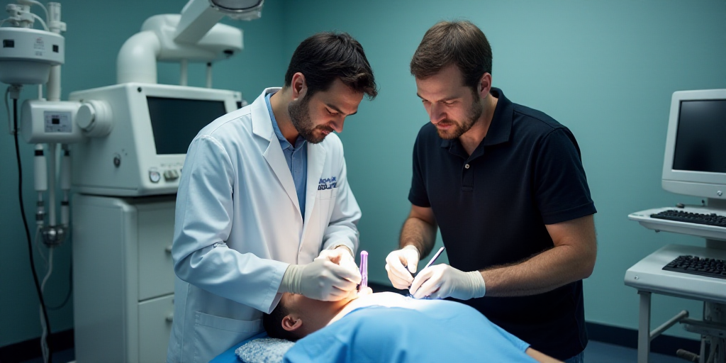 a man in a white lab coat and a man in a black shirt are doing a procedure on a machine, Eric de Kol