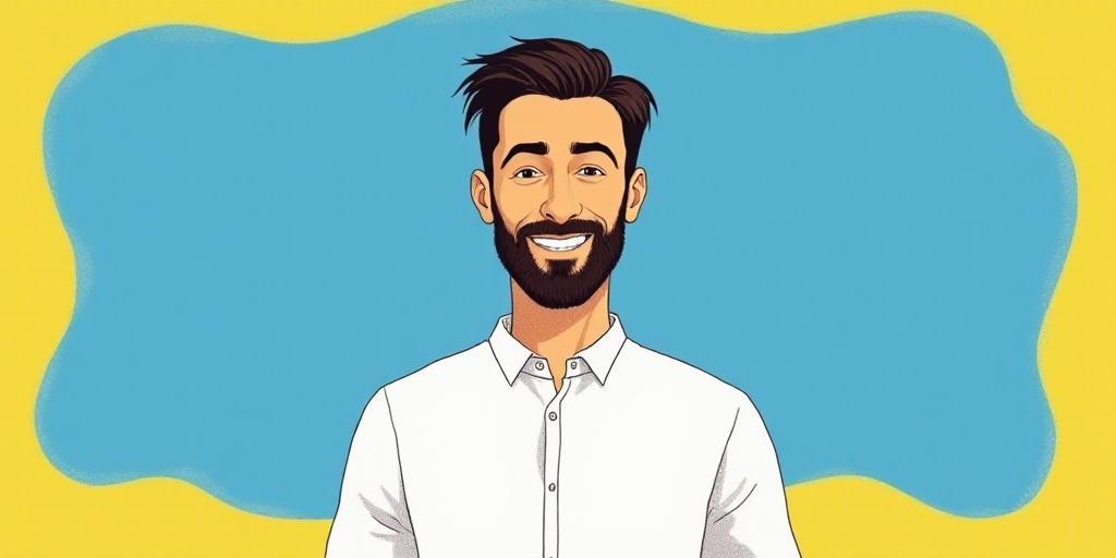 a man in a white shirt is smiling for a picture with a blue background and a yellow border around hi