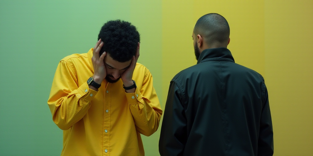a man in a yellow shirt holds his head in his hands as he stands next to another man in a black jack