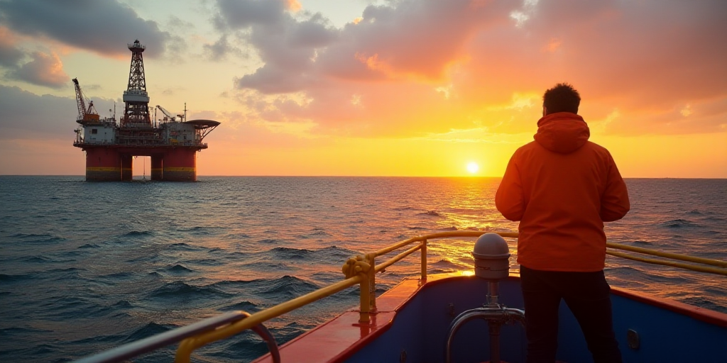 a man in an orange jacket standing on a boat looking at an oil rig in the ocean at sunset, Bascove,