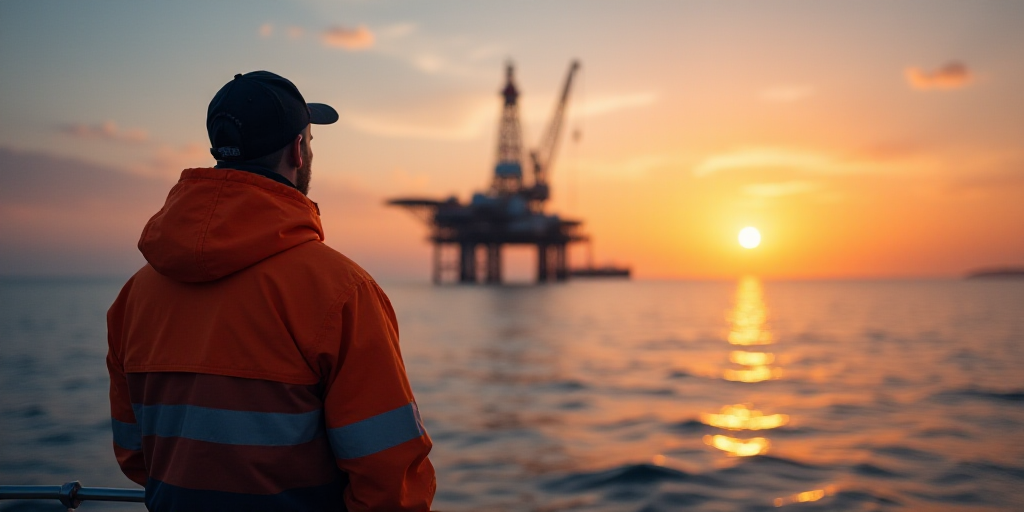 a man in an orange jacket standing on a boat looking at an oil rig in the ocean at sunset, Bascove,