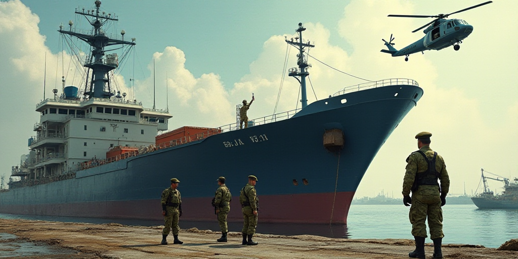 a man in camouflage standing next to a large ship on a dock with other men nearby in uniform and a h