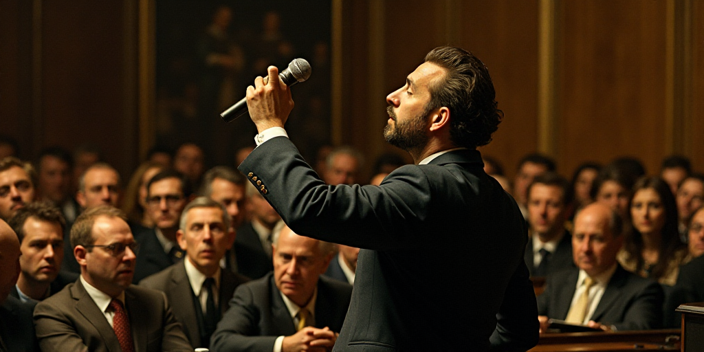 a man is being held up by a crowd of people in a courtroom with a microphone in his hand, Ada Gladys