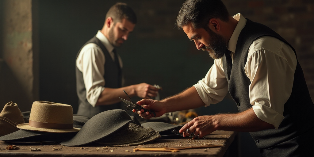 a man is cutting a pile of hats on a table with a pair of scissors in his hand and another man is lo