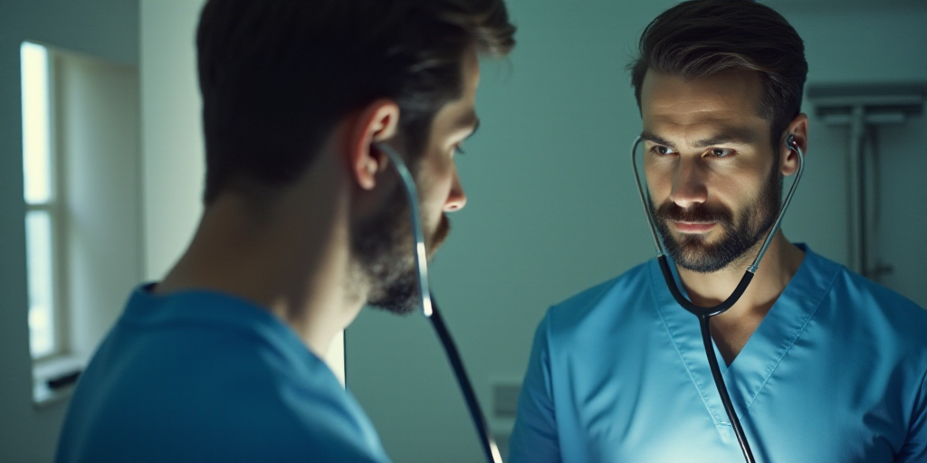 a man is listening to his heartbeat with a stethoscope while another man watches him in the mirror,