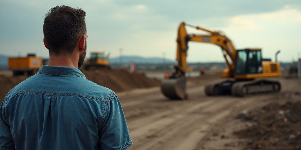 a man is looking at a construction site with a bulldozer and a tractor in the background and a man i
