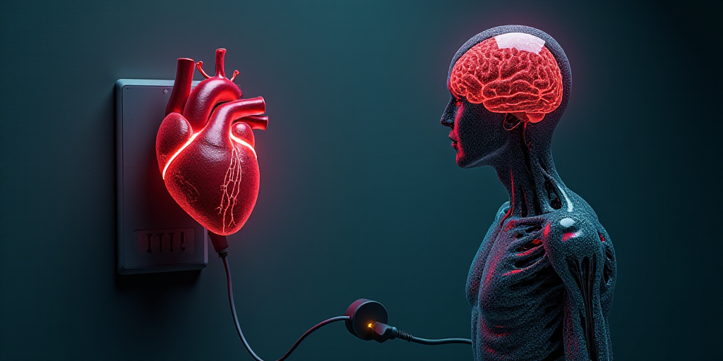 a man is plugging in to a heart and a brain plugged in to a charger with a cord, Évariste Vital Lum
