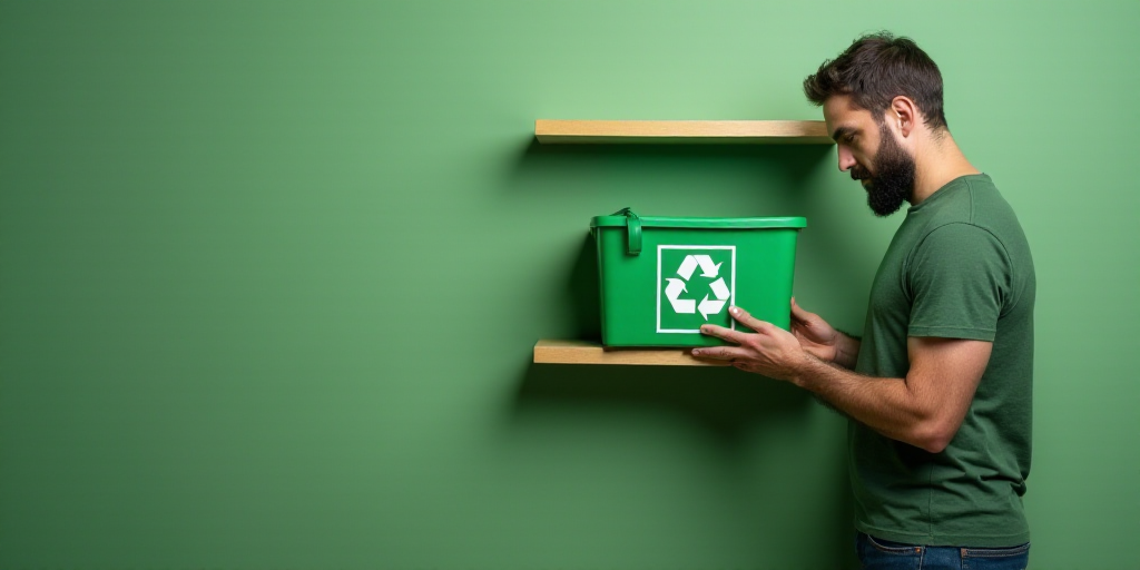 a man is putting a green box in a wall shelf with a recycleable sign on it, Andries Stock, green, a