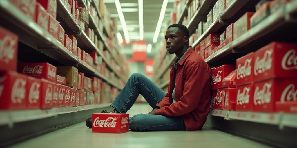 a man is sitting on the floor in a store aisle with boxes of coca - cola on the floor, Dorothy Coke,